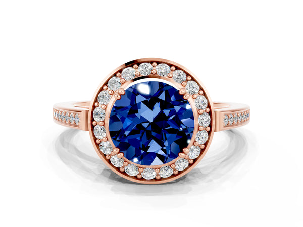 Rose gold Round Cut Blue Sapphire Halo Ring with Split Shank and Four-Prong Setting