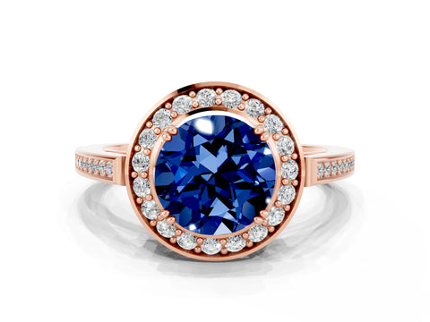 Rose gold {shape_name} Blue Sapphire Halo Ring with Split Shank and Four-Prong Setting