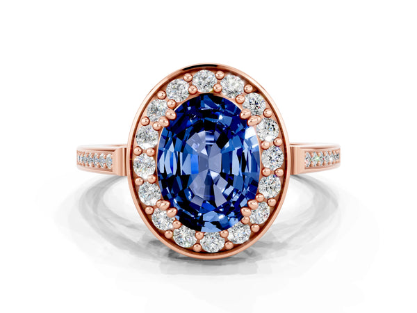 Rose gold Oval Cut Blue Sapphire Halo Ring with Split Shank and Four-Prong Setting