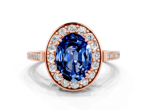 Rose gold {shape_name} Blue Sapphire Halo Ring with Split Shank and Four-Prong Setting