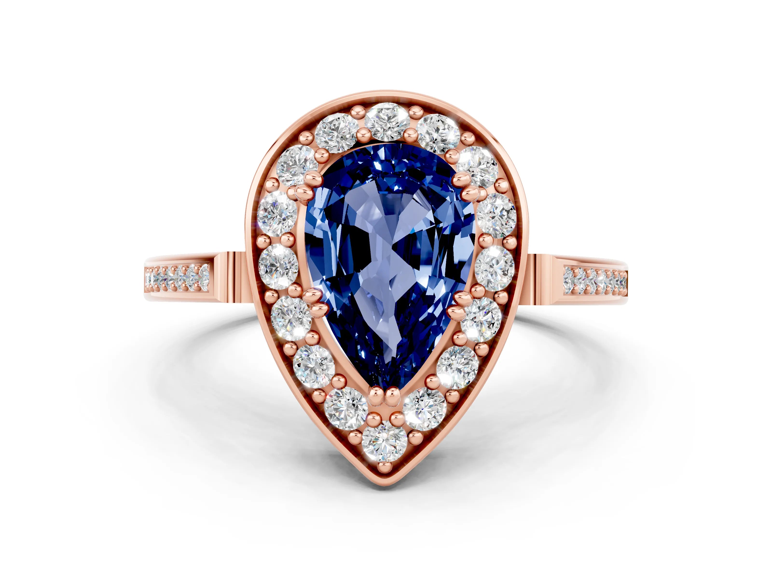 Rose gold {shape_name} Blue Sapphire Halo Ring with Split Shank and Four-Prong Setting
