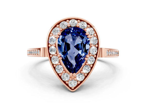 Rose gold Pear Cut Blue Sapphire Halo Ring with Split Shank and Four-Prong Setting