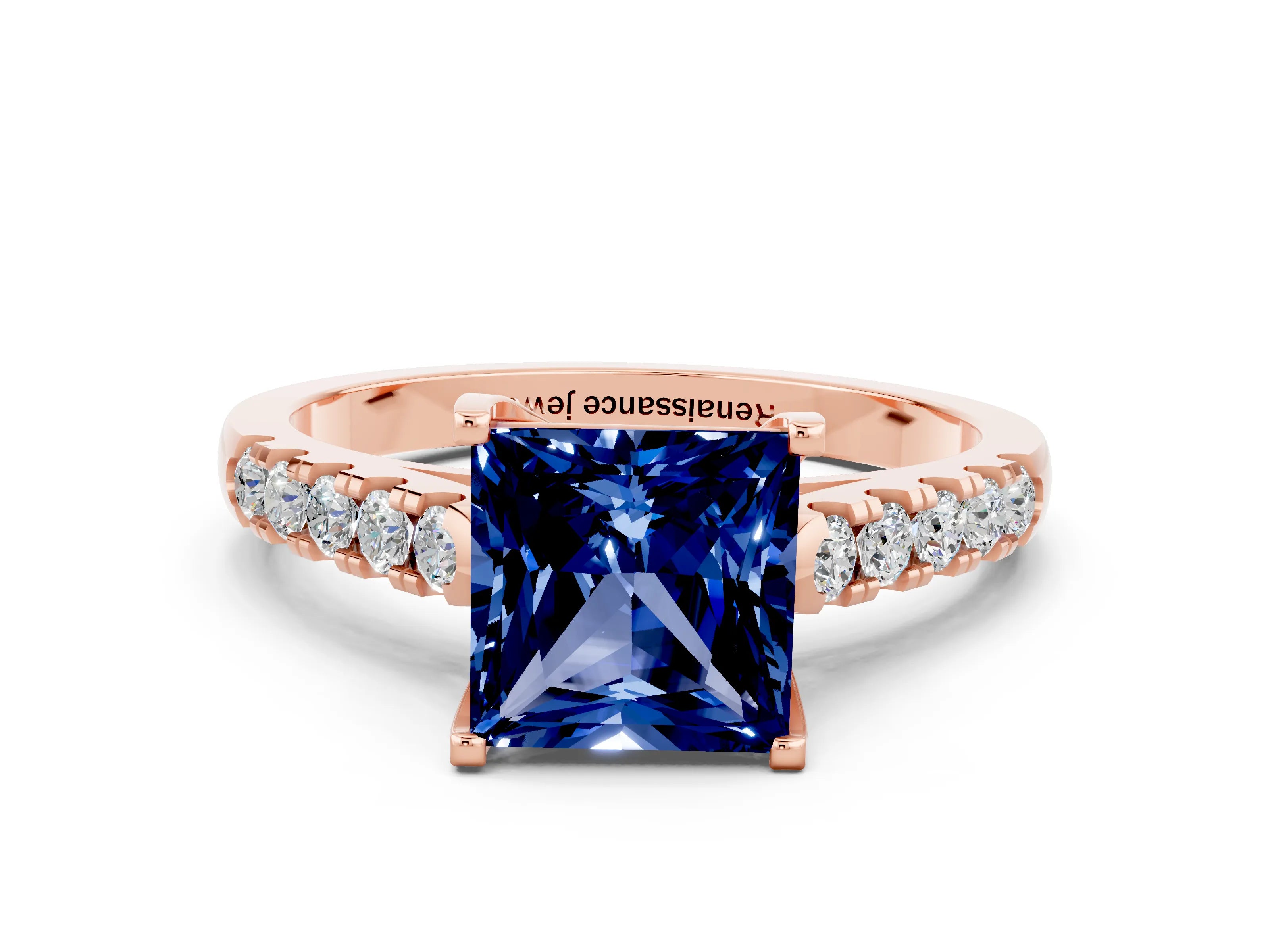 Rose gold {shape_name} Blue Sapphire Solitaire Ring with Pavé Band and Four-Prong Setting