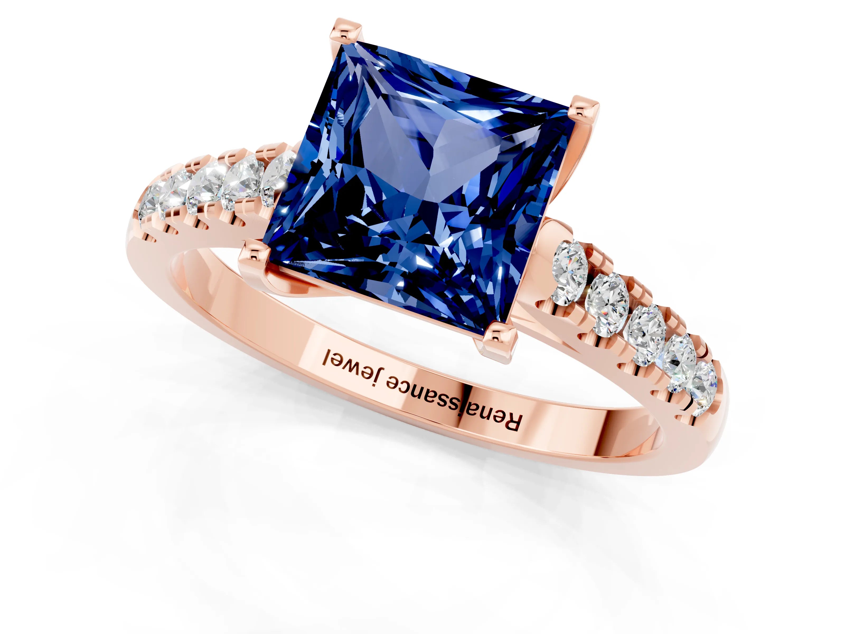 Rose gold {shape_name} Blue Sapphire Solitaire Ring with Pavé Band and Four-Prong Setting_1