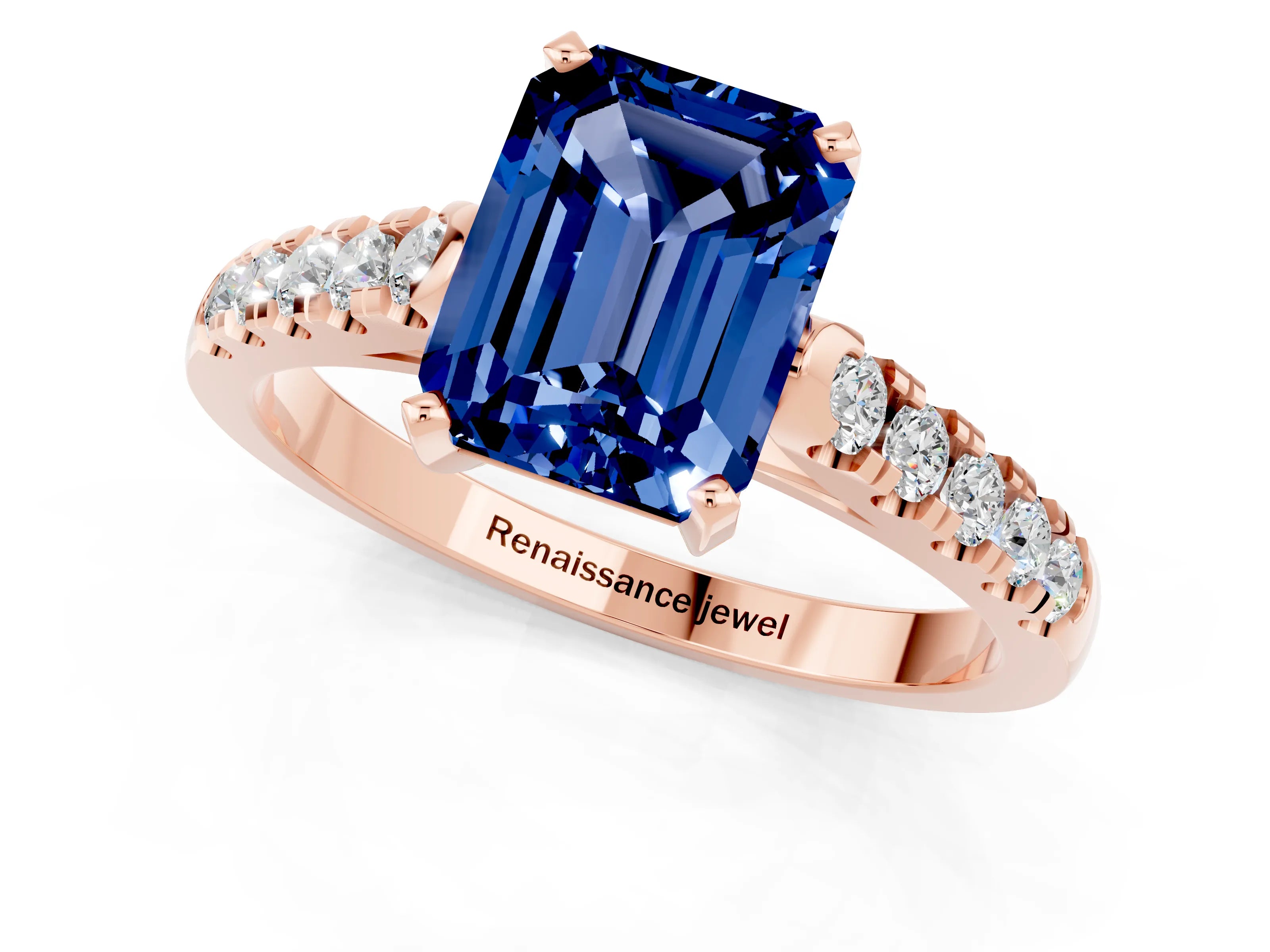 Rose gold {shape_name} Blue Sapphire Solitaire Ring with Pavé Band and Four-Prong Setting_1
