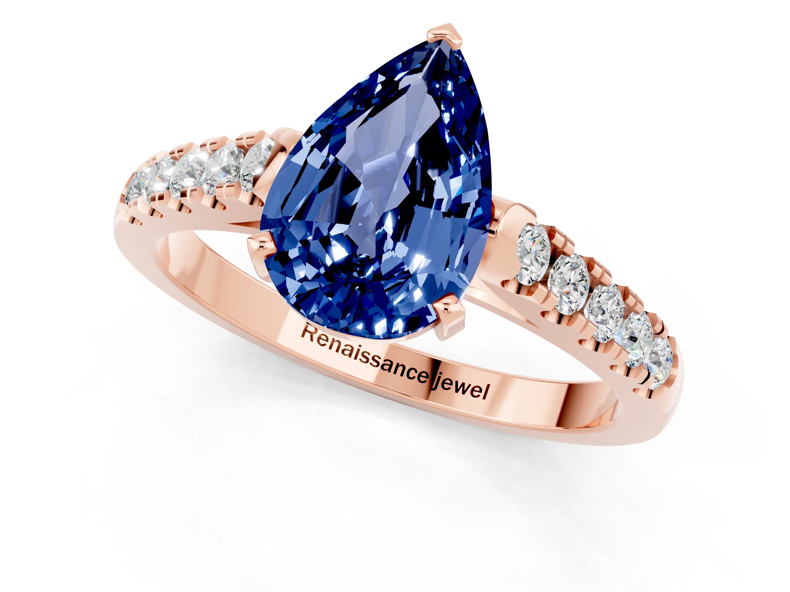 Rose gold {shape_name} Blue Sapphire Solitaire Ring with Pavé Band and Four-Prong Setting_1