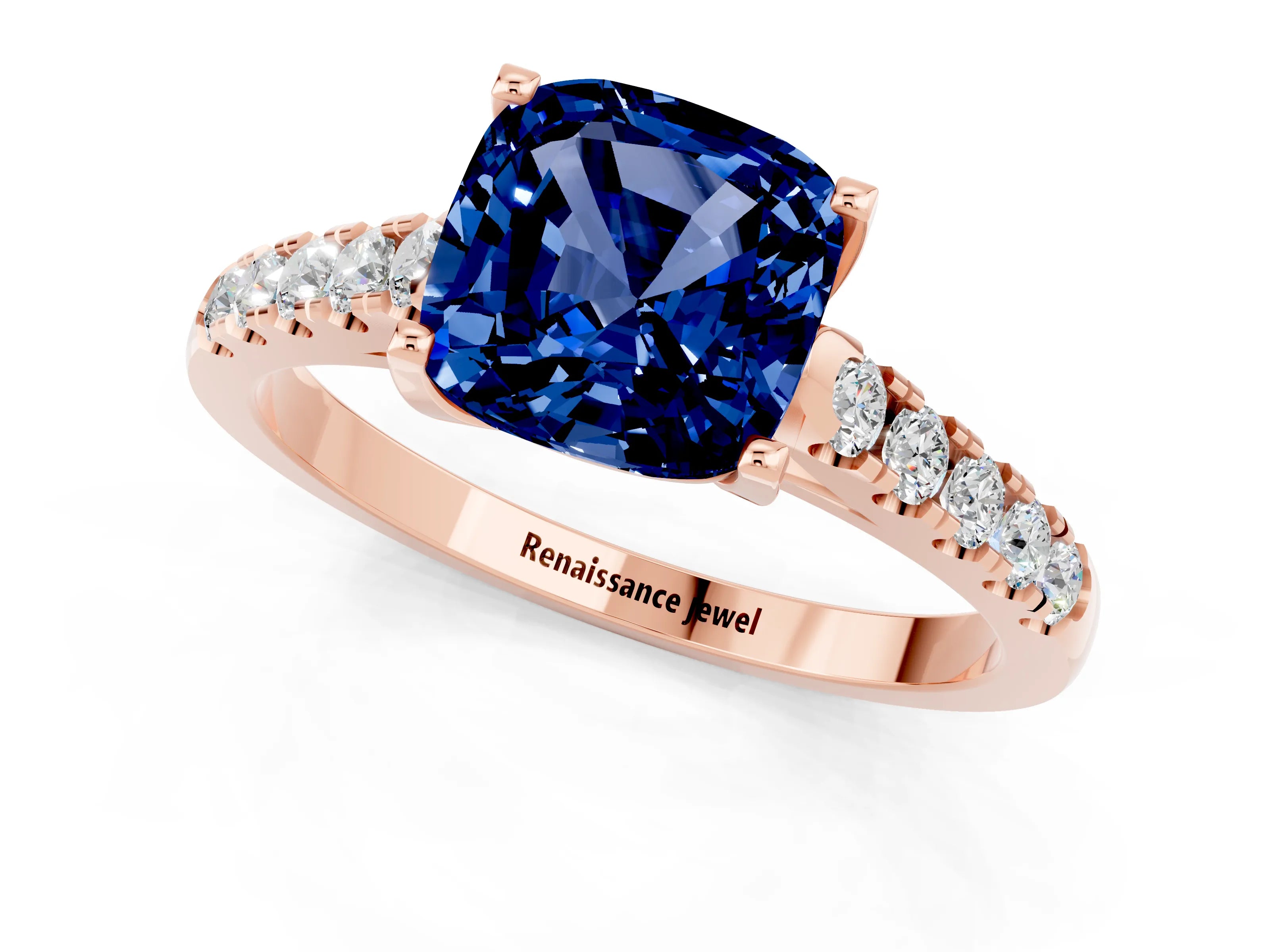 Rose gold {shape_name} Blue Sapphire Solitaire Ring with Pavé Band and Four-Prong Setting_1