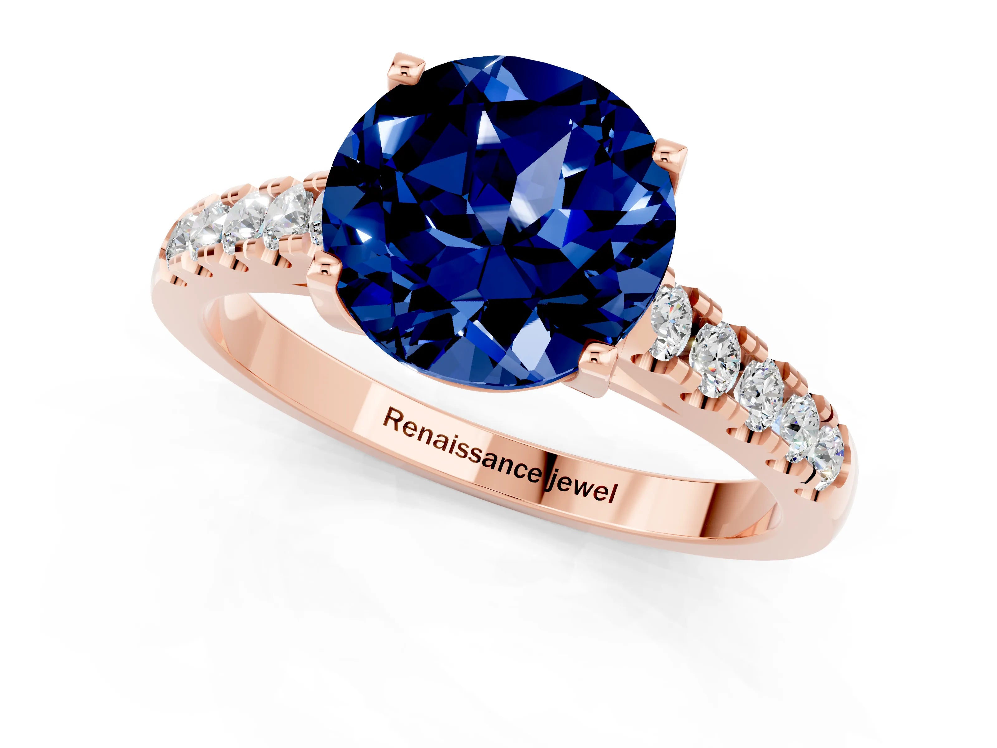 Rose gold {shape_name} Blue Sapphire Solitaire Ring with Pavé Band and Four-Prong Setting_1