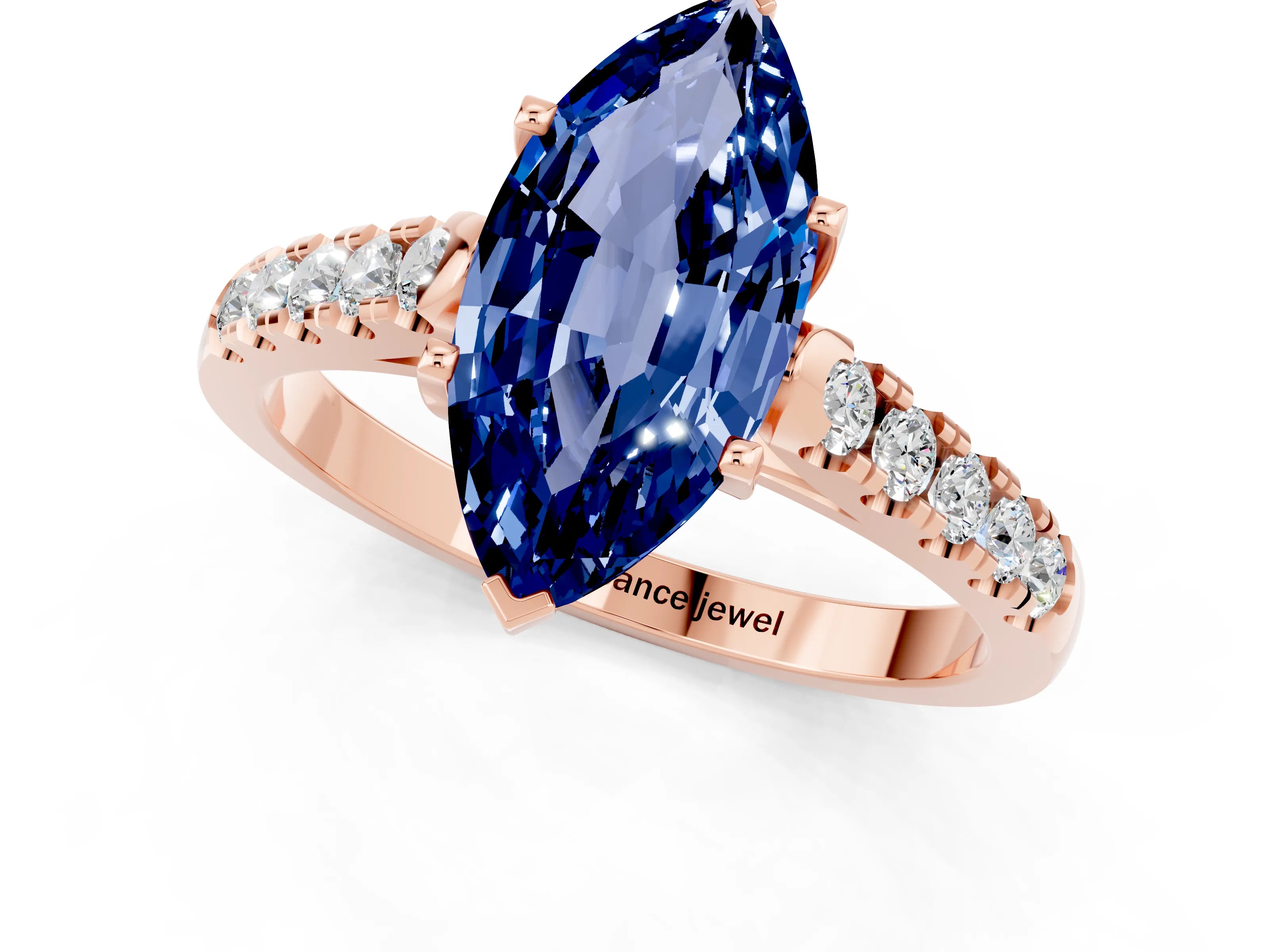 Rose gold {shape_name} Blue Sapphire Solitaire Ring with Pavé Band and Four-Prong Setting_1