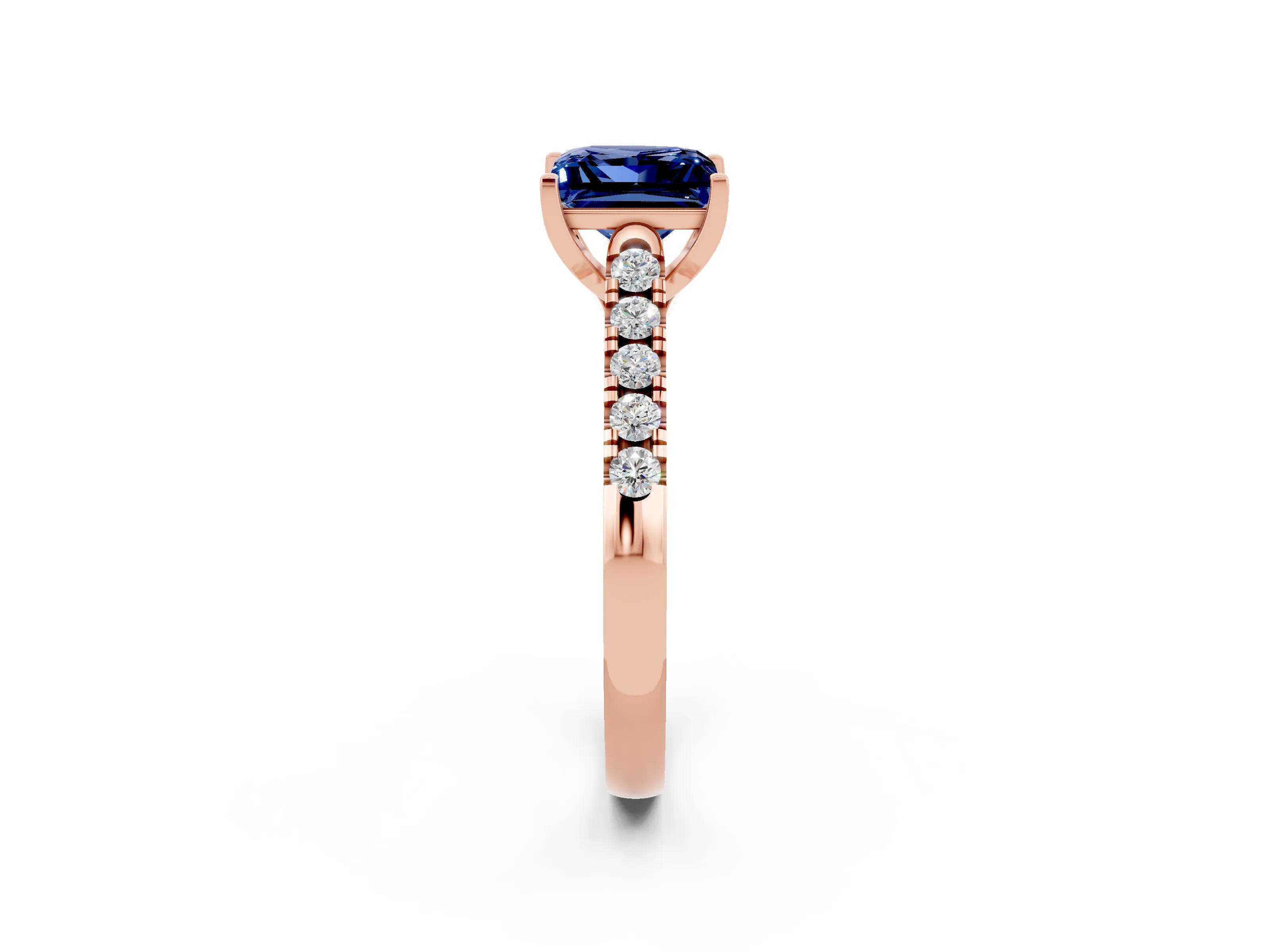 Rose gold {shape_name} Blue Sapphire Solitaire Ring with Pavé Band and Four-Prong Setting_2