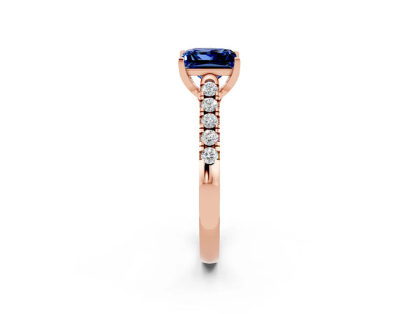 Rose gold Princess Cut Blue Sapphire Pavé Band Solitaire Ring with Prong Setting