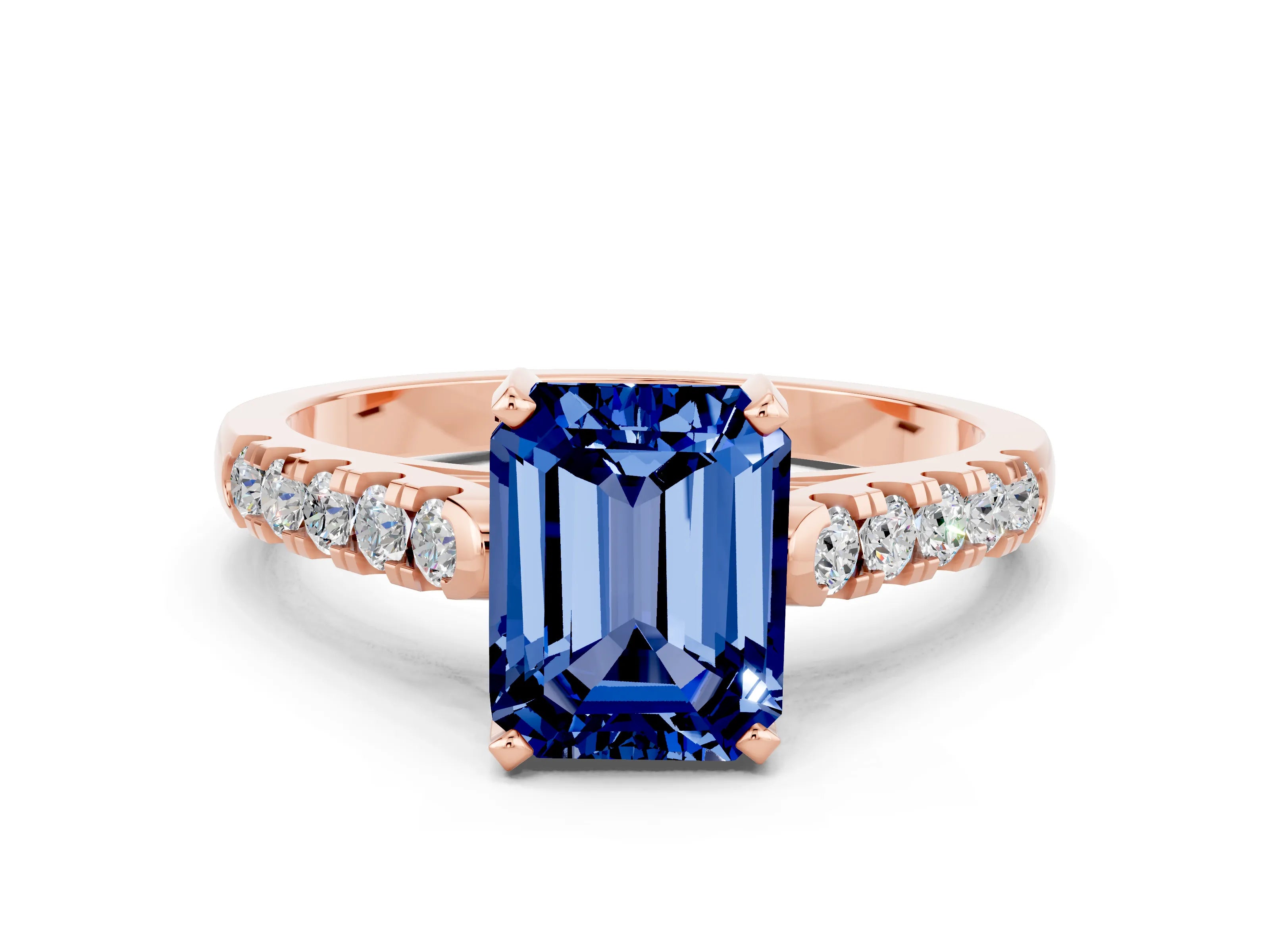 Rose gold {shape_name} Blue Sapphire Solitaire Ring with Pavé Band and Four-Prong Setting