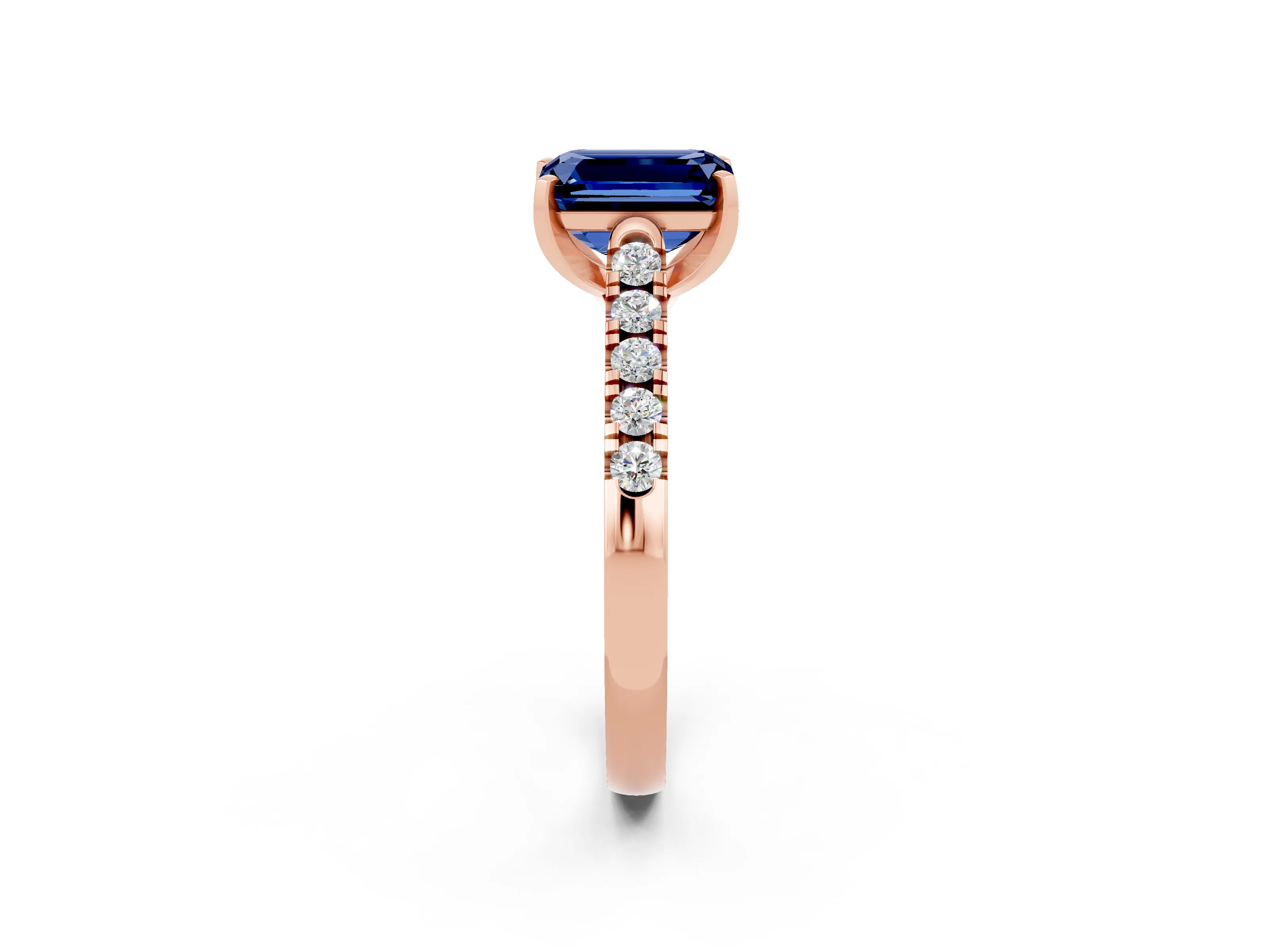 Rose gold {shape_name} Blue Sapphire Solitaire Ring with Pavé Band and Four-Prong Setting_2