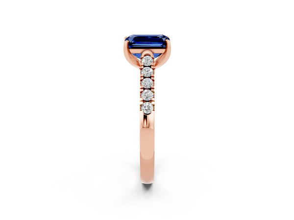 Rose gold Emerald Cut Blue Sapphire Pavé Band Solitaire Ring with Prong Setting