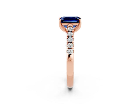 Rose gold {shape_name} Blue Sapphire Solitaire Ring with Pavé Band and Four-Prong Setting_2