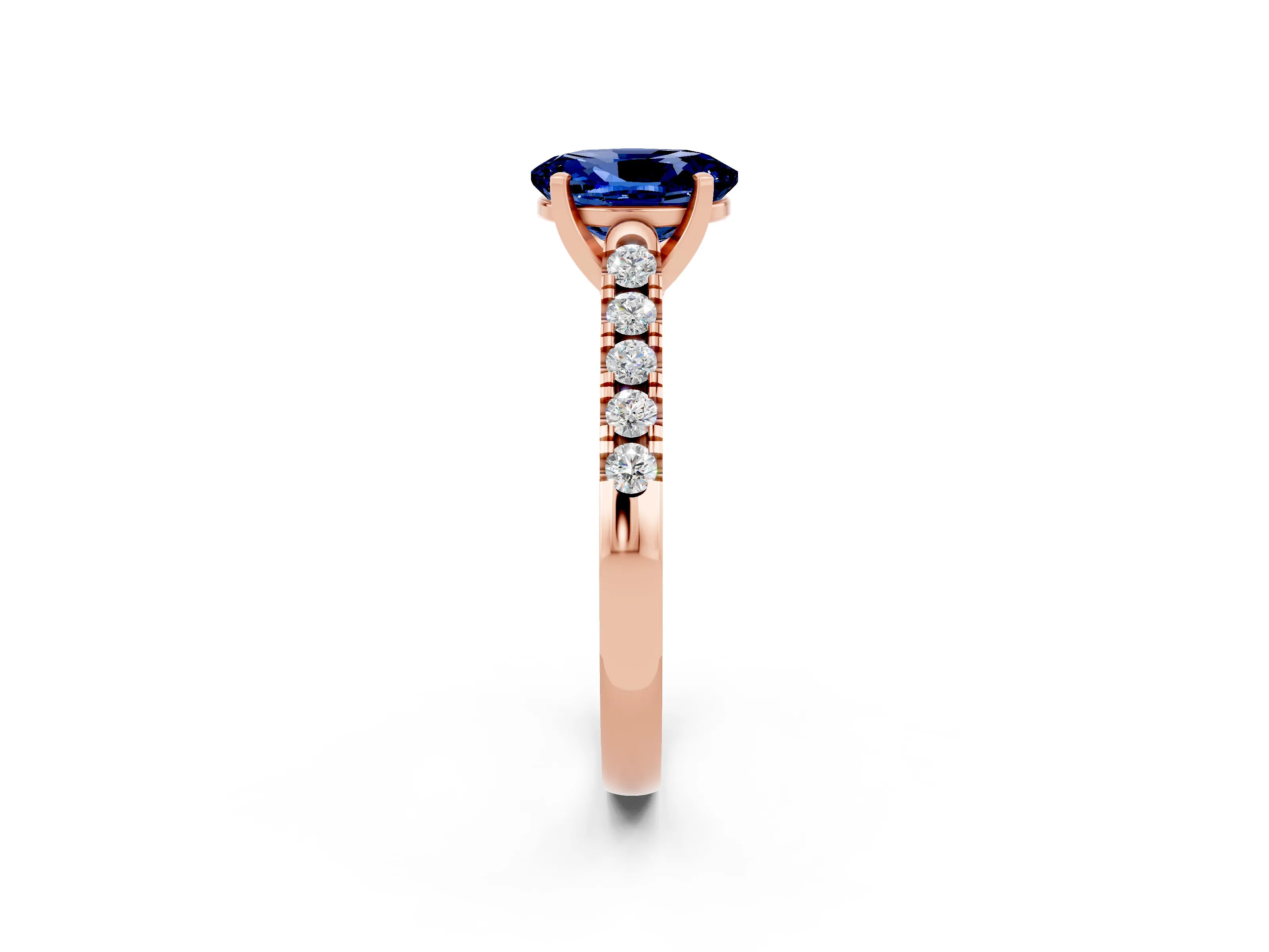 Rose gold {shape_name} Blue Sapphire Solitaire Ring with Pavé Band and Four-Prong Setting_2
