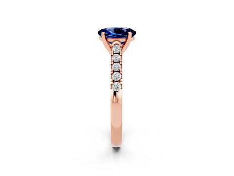 Rose gold {shape_name} Blue Sapphire Solitaire Ring with Pavé Band and Four-Prong Setting_2