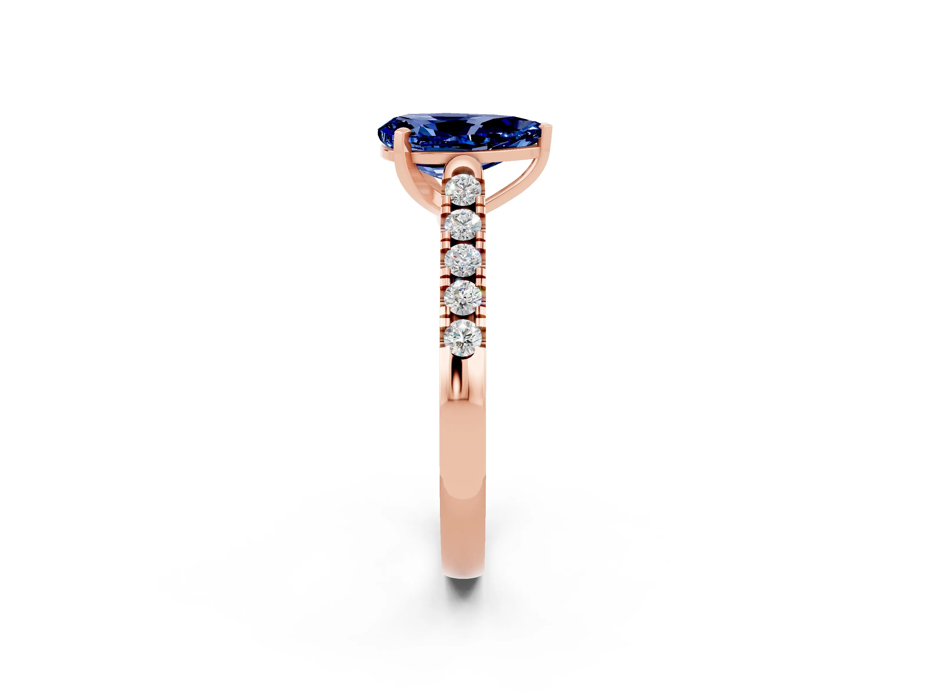 Rose gold {shape_name} Blue Sapphire Solitaire Ring with Pavé Band and Four-Prong Setting_2