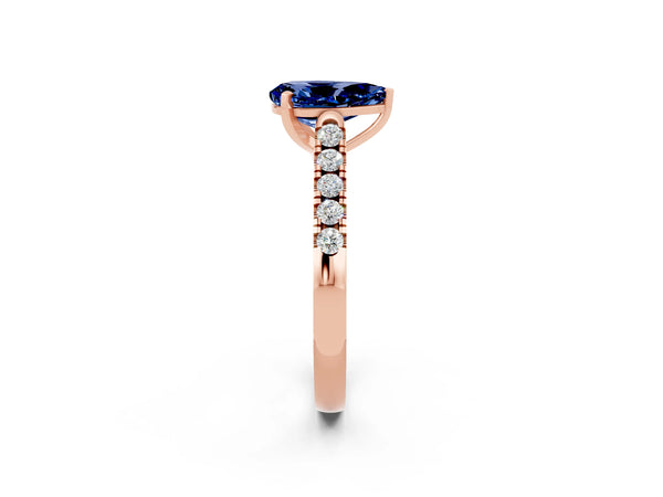 Rose gold Pear Cut Blue Sapphire Pavé Band Solitaire Ring with Prong Setting
