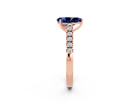 Rose gold {shape_name} Blue Sapphire Solitaire Ring with Pavé Band and Four-Prong Setting_2