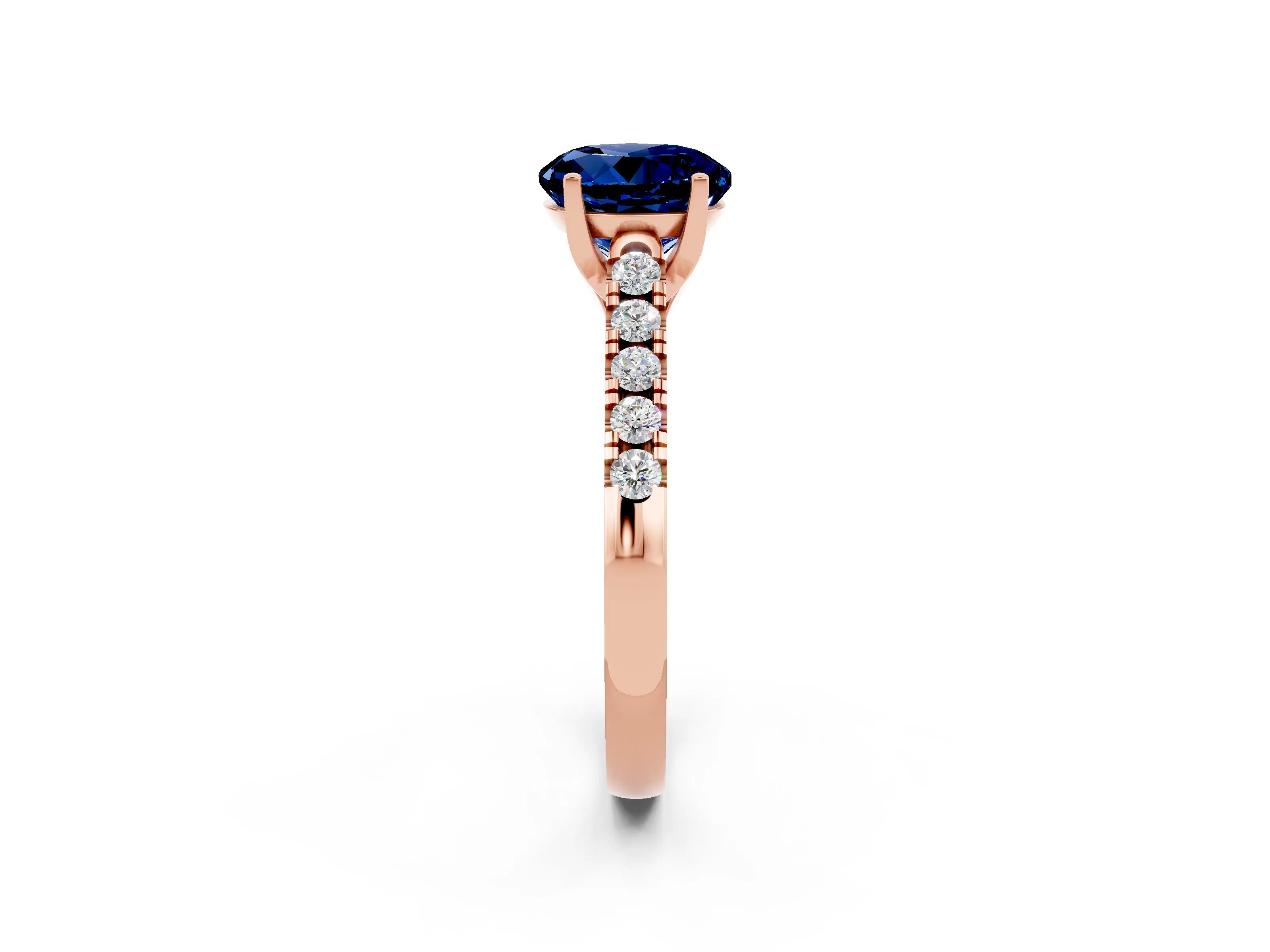Rose gold {shape_name} Blue Sapphire Solitaire Ring with Pavé Band and Four-Prong Setting_2