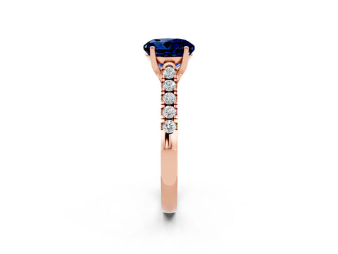 Rose gold {shape_name} Blue Sapphire Solitaire Ring with Pavé Band and Four-Prong Setting_2
