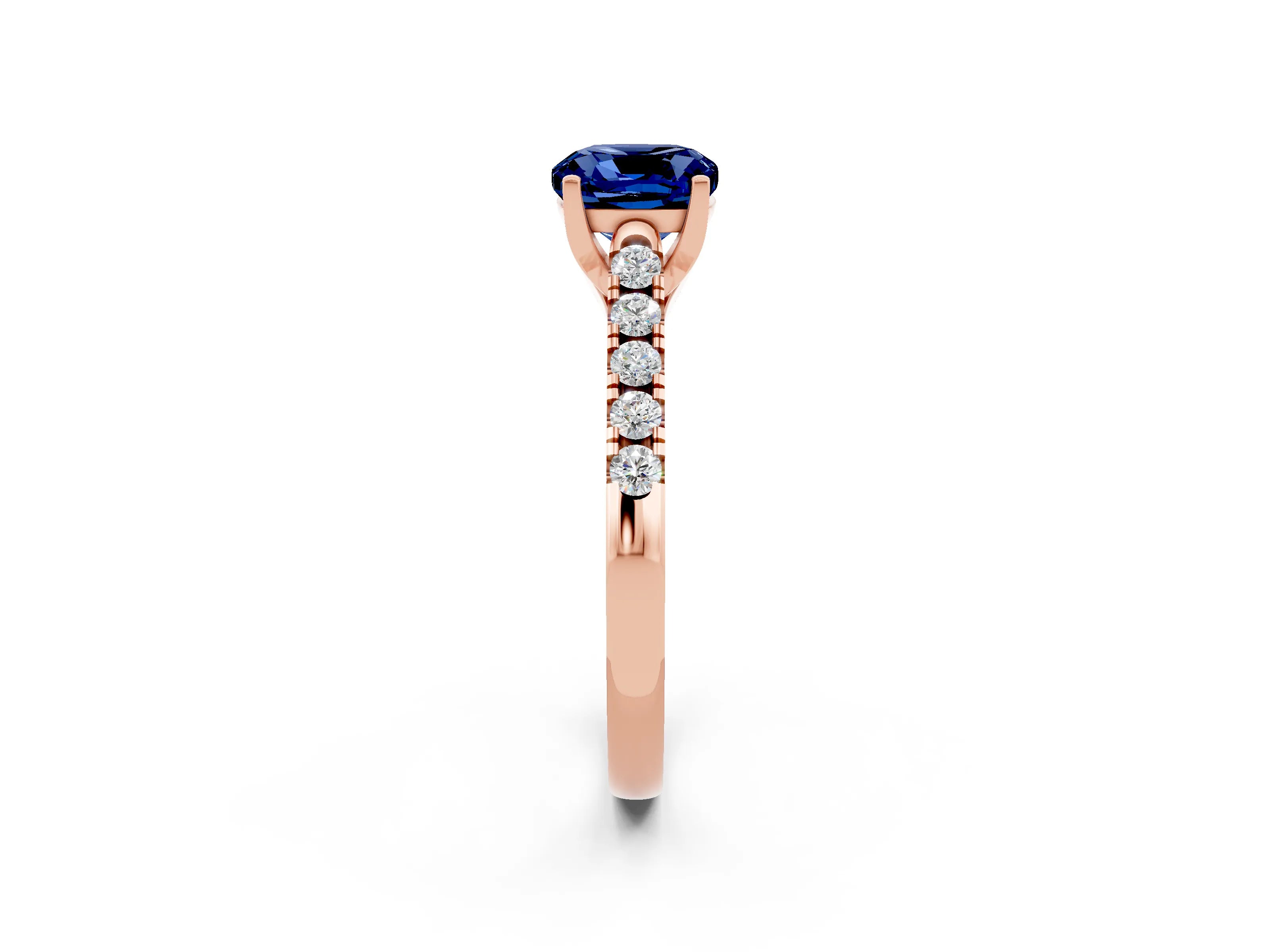 Rose gold {shape_name} Blue Sapphire Solitaire Ring with Pavé Band and Four-Prong Setting_2