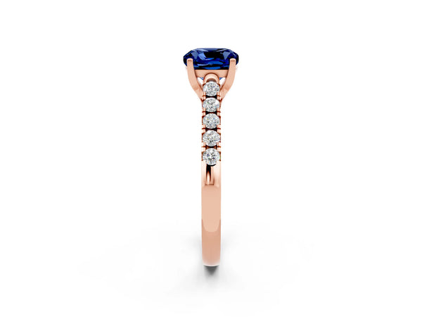 Rose gold Cushion Cut Blue Sapphire Pavé Band Solitaire Ring with Prong Setting