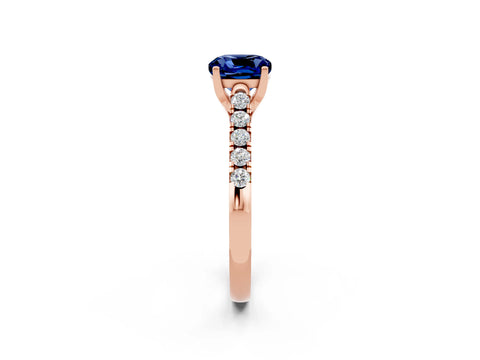 Rose gold {shape_name} Blue Sapphire Solitaire Ring with Pavé Band and Four-Prong Setting_2