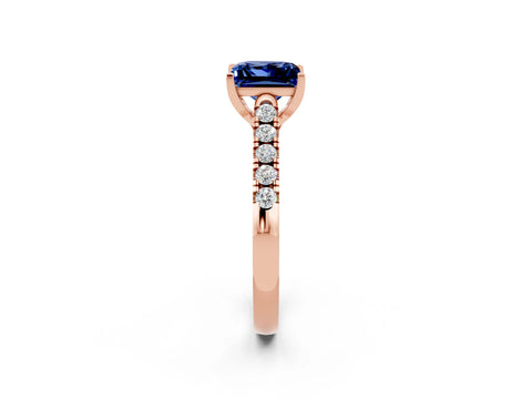 Rose gold {shape_name} Blue Sapphire Solitaire Ring with Pavé Band and Four-Prong Setting_2
