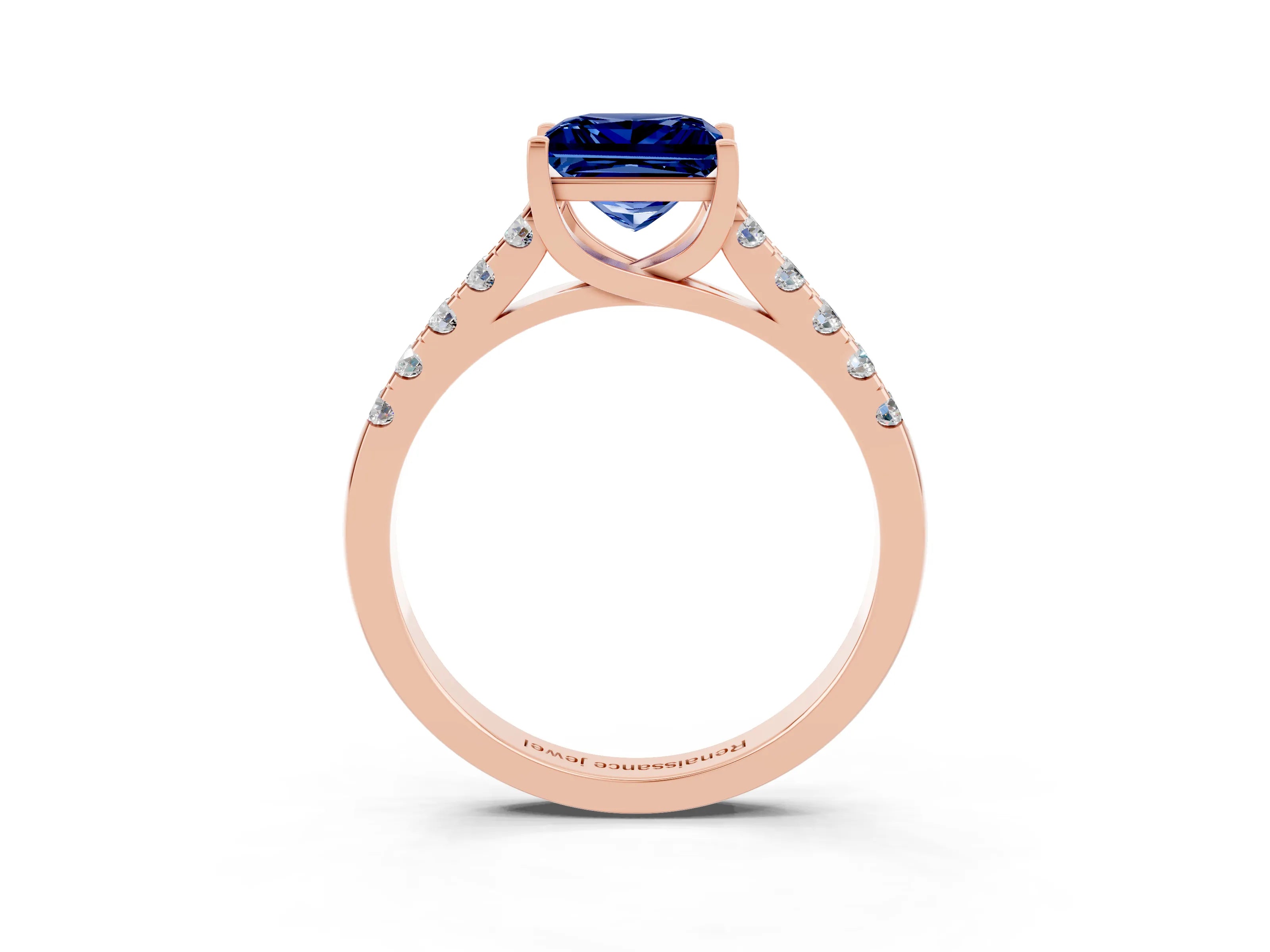 Rose gold {shape_name} Blue Sapphire Solitaire Ring with Pavé Band and Four-Prong Setting_3