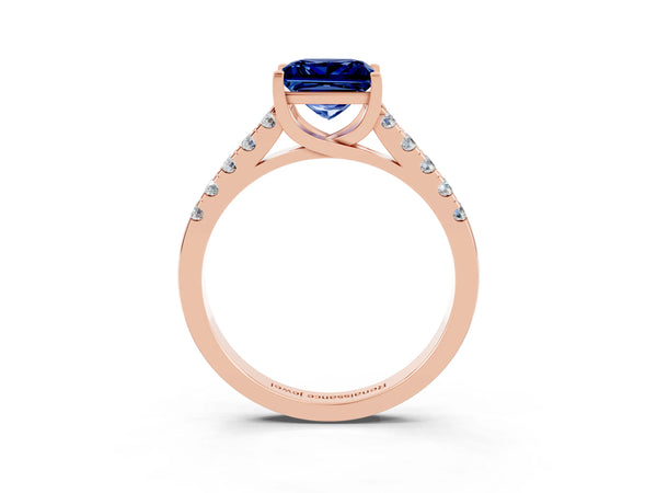 Rose gold Princess Cut Blue Sapphire Pavé Band Solitaire Ring with Prong Setting