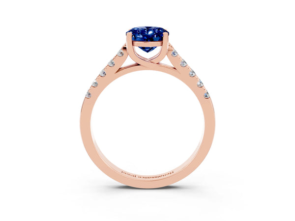 Rose gold Oval Cut Blue Sapphire Pavé Band Solitaire Ring with Prong Setting