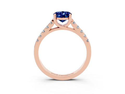 Rose gold {shape_name} Blue Sapphire Solitaire Ring with Pavé Band and Four-Prong Setting_3