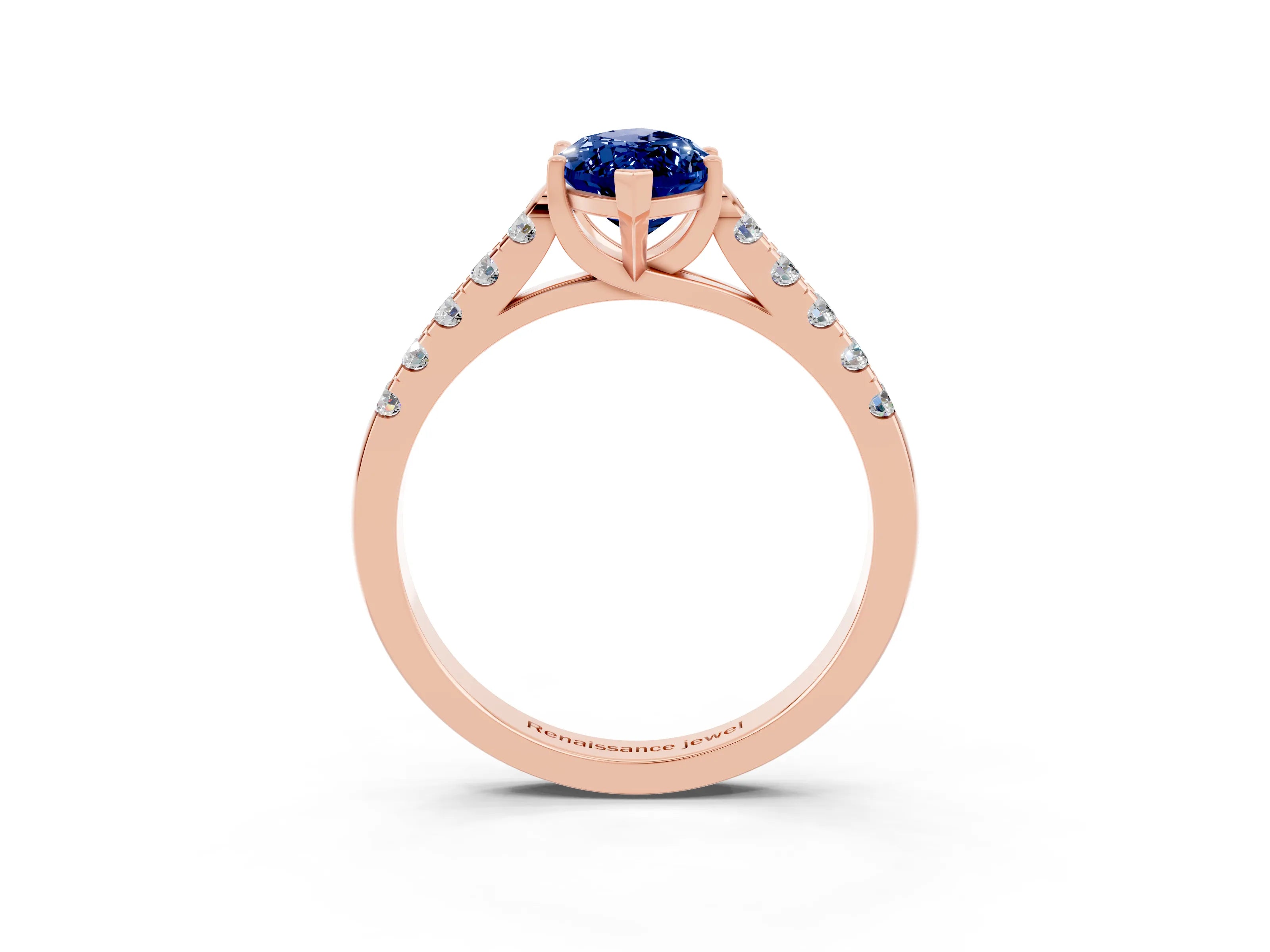 Rose gold {shape_name} Blue Sapphire Solitaire Ring with Pavé Band and Four-Prong Setting_3