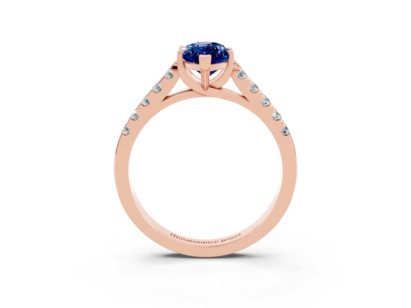 Rose gold Marquise Cut Blue Sapphire Pavé Band Solitaire Ring with Prong Setting