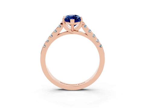 Rose gold {shape_name} Blue Sapphire Solitaire Ring with Pavé Band and Four-Prong Setting_3