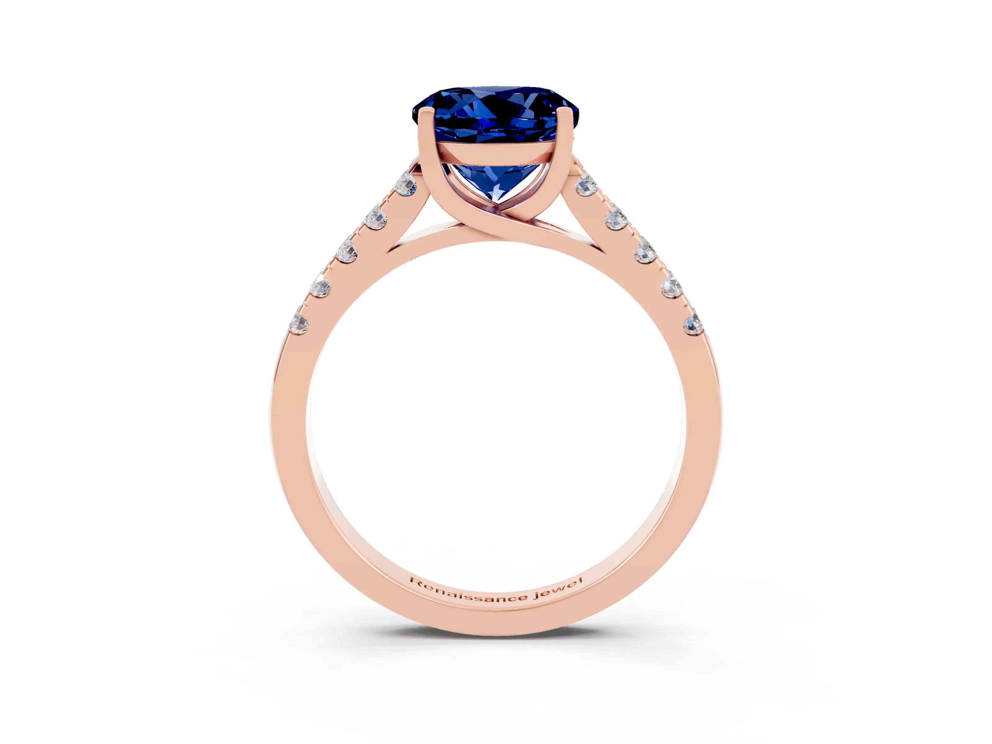 Rose gold {shape_name} Blue Sapphire Solitaire Ring with Pavé Band and Four-Prong Setting_3