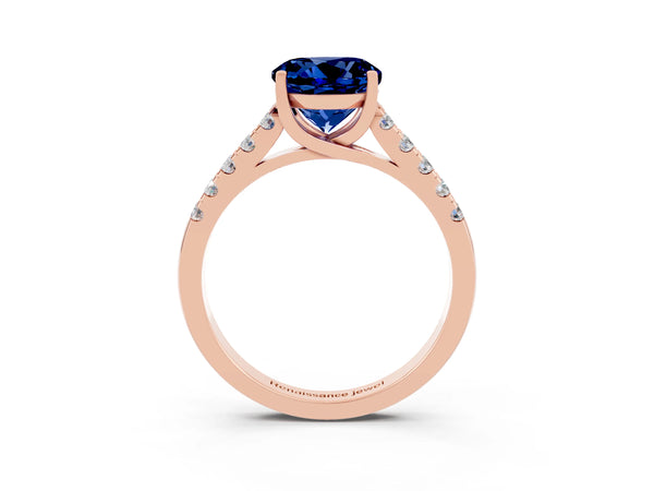 Rose gold Round Cut Blue Sapphire Pavé Band Solitaire Ring with Prong Setting