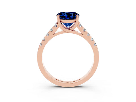 Rose gold {shape_name} Blue Sapphire Solitaire Ring with Pavé Band and Four-Prong Setting_3