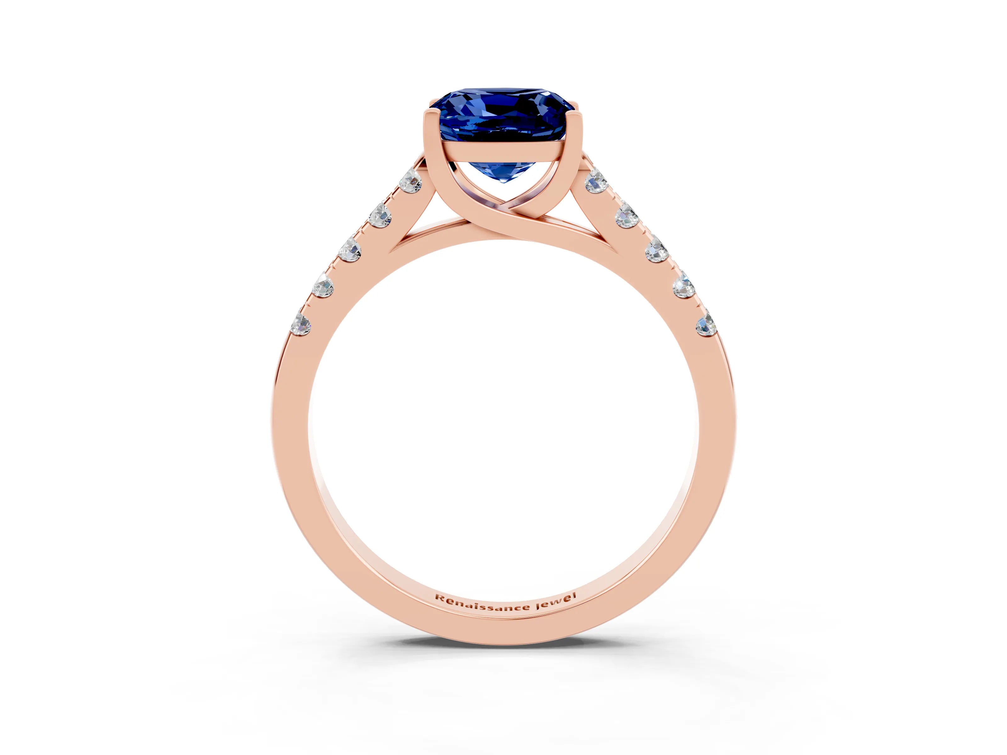 Rose gold {shape_name} Blue Sapphire Solitaire Ring with Pavé Band and Four-Prong Setting_3