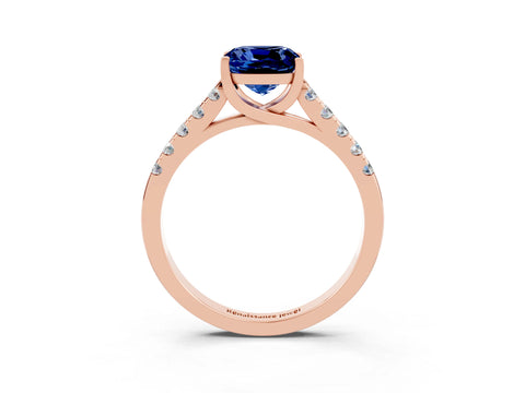 Rose gold {shape_name} Blue Sapphire Solitaire Ring with Pavé Band and Four-Prong Setting_3