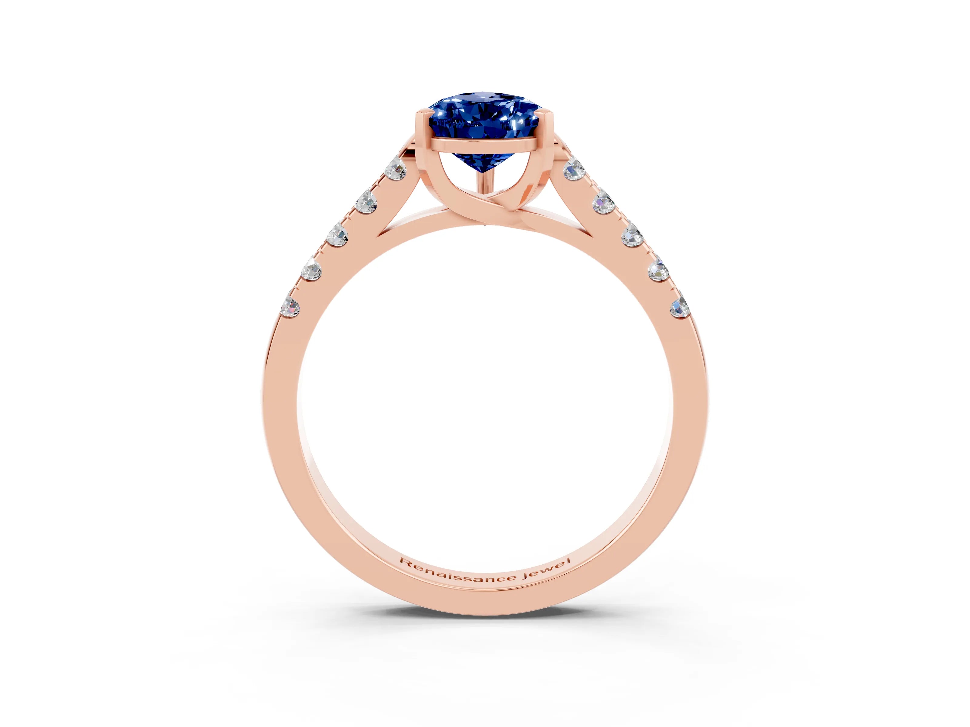Rose gold {shape_name} Blue Sapphire Solitaire Ring with Pavé Band and Four-Prong Setting_3