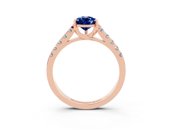 Rose gold Pear Cut Blue Sapphire Pavé Band Solitaire Ring with Prong Setting
