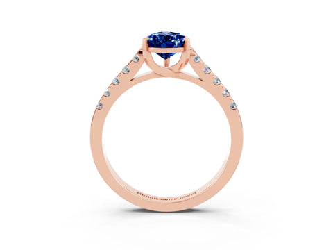 Rose gold {shape_name} Blue Sapphire Solitaire Ring with Pavé Band and Four-Prong Setting_3
