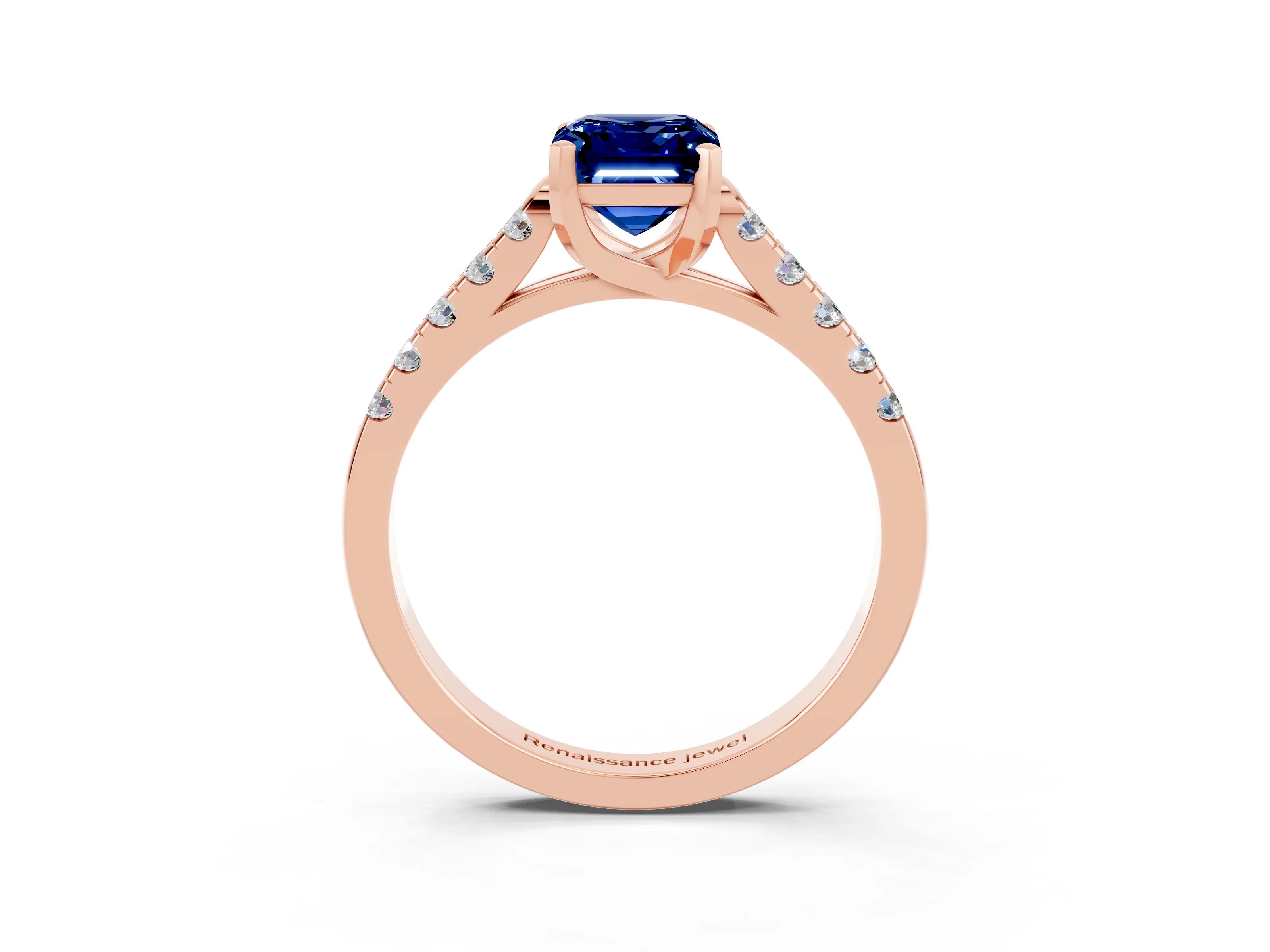 Rose gold {shape_name} Blue Sapphire Solitaire Ring with Pavé Band and Four-Prong Setting_3