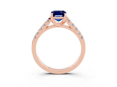 Rose gold {shape_name} Blue Sapphire Solitaire Ring with Pavé Band and Four-Prong Setting_3