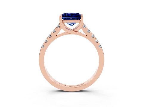 Rose gold {shape_name} Blue Sapphire Solitaire Ring with Pavé Band and Four-Prong Setting_3