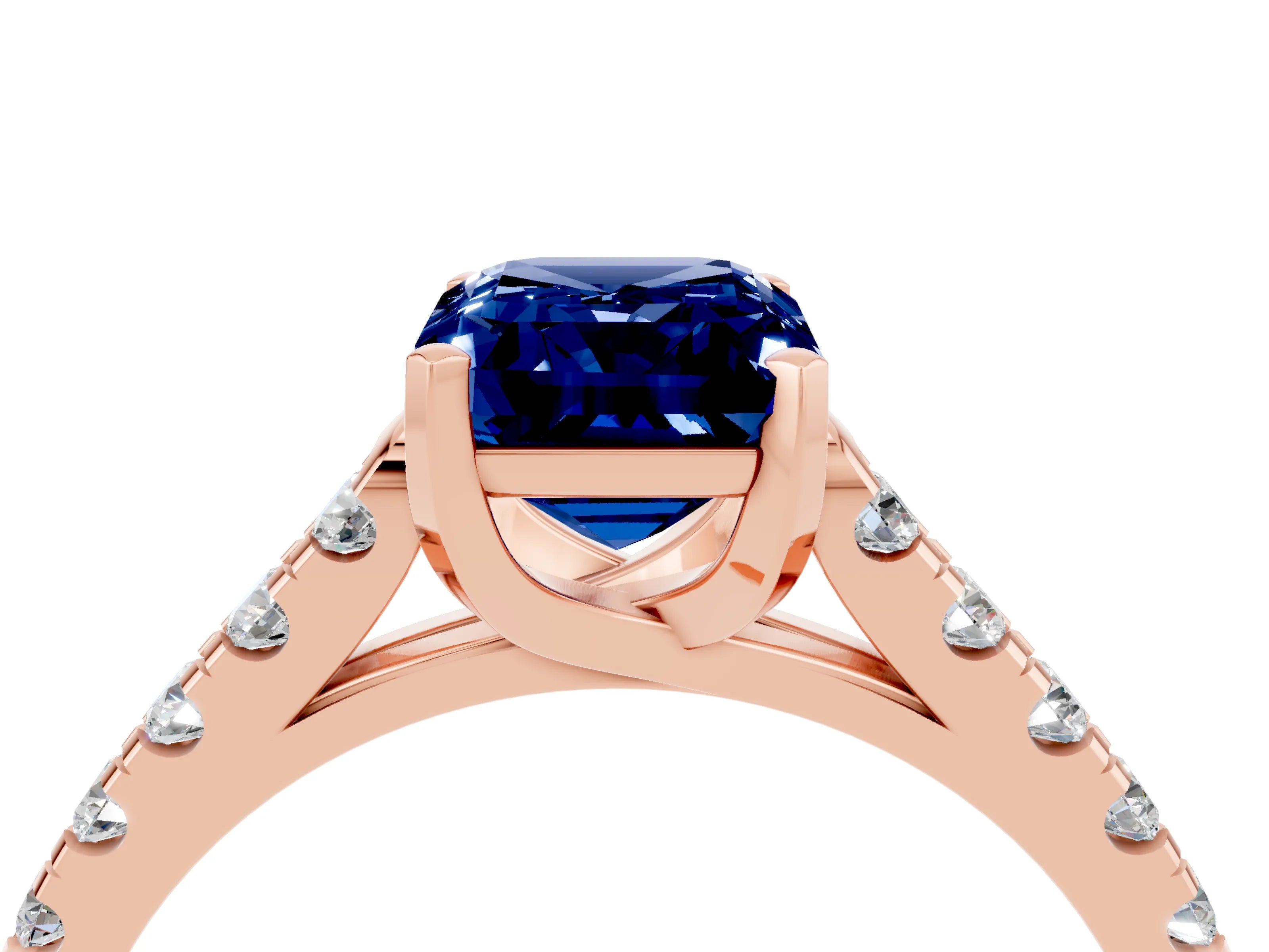 Rose gold {shape_name} Blue Sapphire Solitaire Ring with Pavé Band and Four-Prong Setting_4