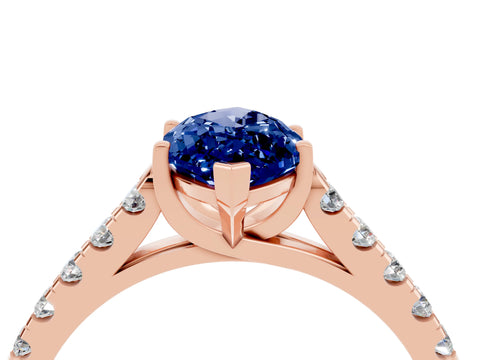 Rose gold {shape_name} Blue Sapphire Solitaire Ring with Pavé Band and Four-Prong Setting_4